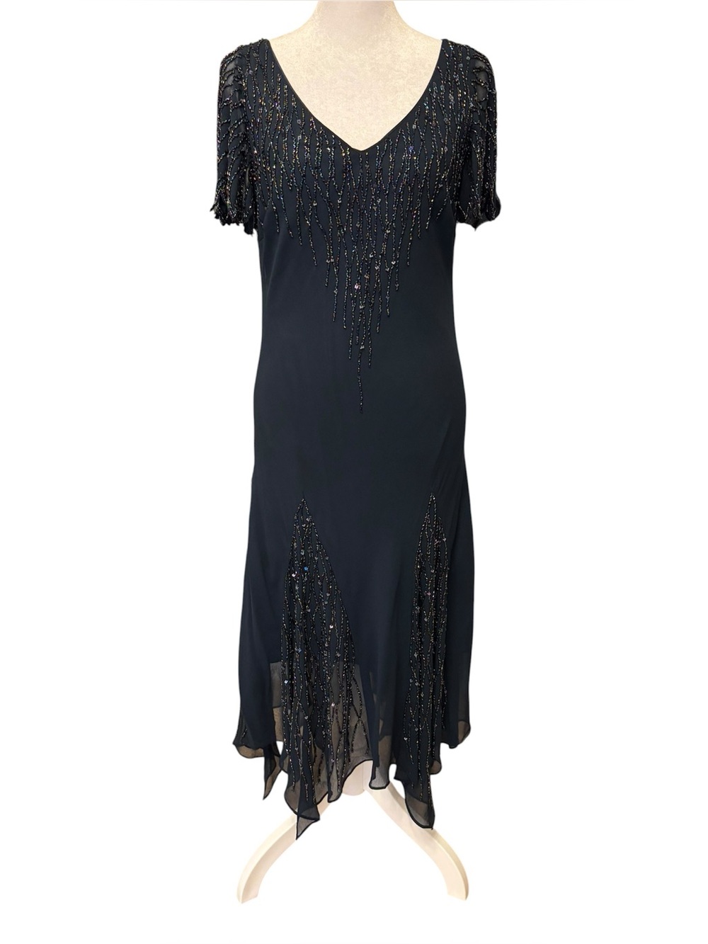 **J Kara Beaded Navy Cocktail Dress – Size 10**